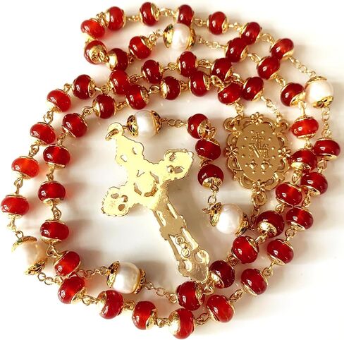 Soul Redeemer Handmade Red Agate & Natural Pearl Prayer Rosary Crucifix Beads Catholic Gift Gold in Kuwait
