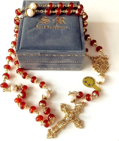 Soul Redeemer Handmade Red Agate & Natural Pearl Prayer Rosary Crucifix Beads Catholic Gift Gold in Kuwait