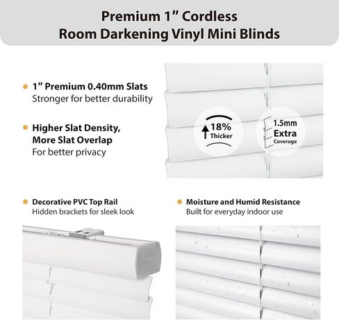 DEZ FURNISHINGS Premium Cordless 1" Room Darkening Vinyl Mini Blinds, 62" W x 64" H, White in Kuwait
