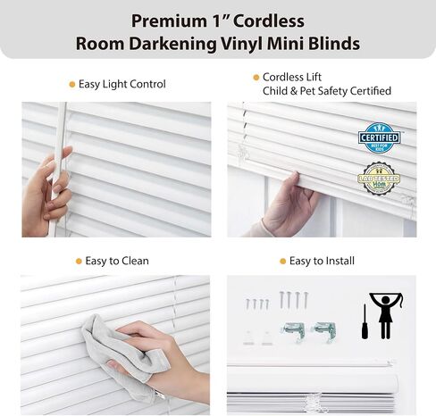 DEZ FURNISHINGS Premium Cordless 1" Room Darkening Vinyl Mini Blinds, 62" W x 64" H, White in Kuwait