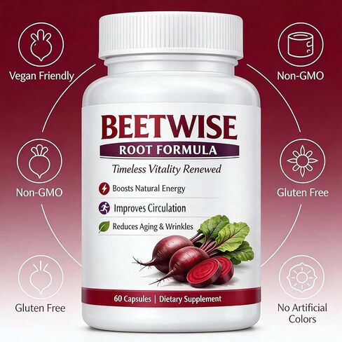 (3 Bottles) Beetwise Root Formula | Cold Pressed - Beetroot Supplement Organic – Vegan-Friendly, Non-GMO, 60 Capsules in Kuwait