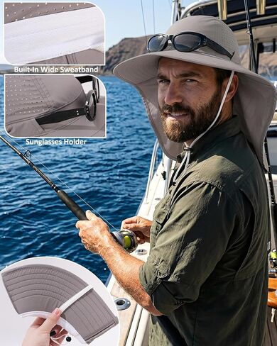 Sun Hat for Men Women with Neck Flap Ponytail Hole, Wide Brim UPF 50+ Fishing Hat for Outdoor Beach Hiking Camping Unisex in Saudi Arabia