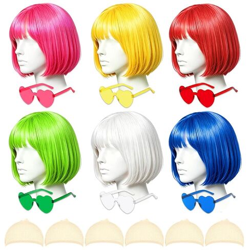 DAJOOEE 6 Pack Colored Wigs, Neon Colorful Party Wigs for Women Girls Cosplay Costume Party Holiday Bachelorette Night Club (Pink) in Saudi Arabia