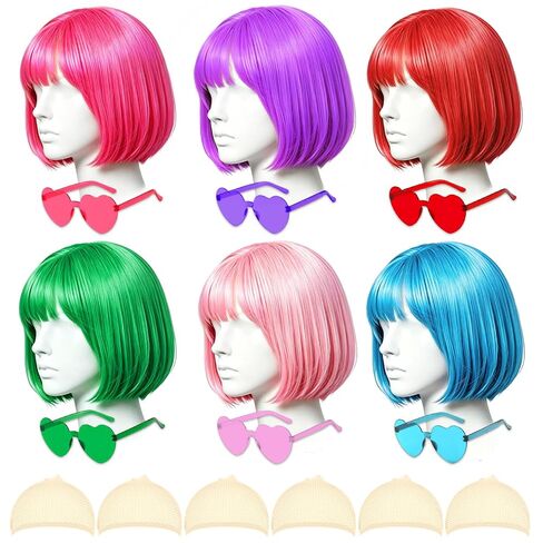 DAJOOEE 6 Pack Colored Wigs, Neon Colorful Party Wigs for Women Girls Cosplay Costume Party Holiday Bachelorette Night Club (Pink) in Saudi Arabia