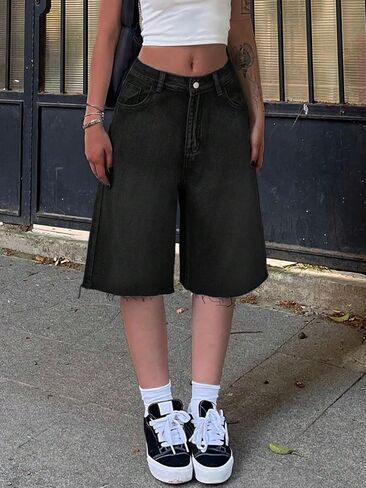 Women's Vintage High Waist Wide Leg Denim Shorts Casual Loose Distressed Hem Jorts for Summer Streetwear in Kuwait