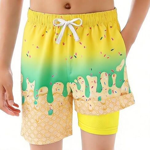 Boys Swim Trunks with Compression Liner Casual Bathing Suit Kids Ice Cream Drip Swim Shorts Quick Dry Board Shorts in Saudi Arabia