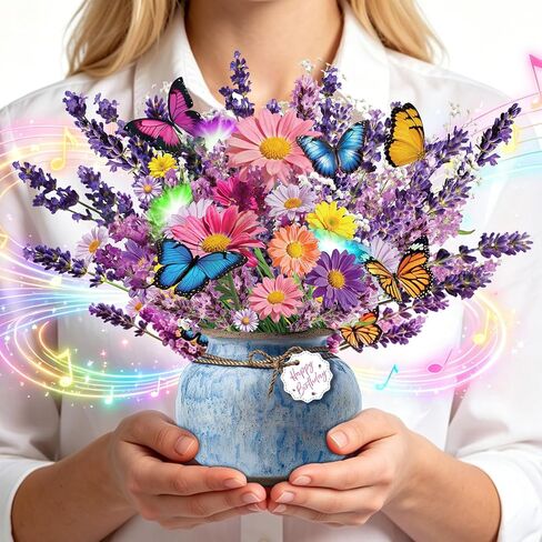 Happy Birthday Musical Cards for Women Mom, 3D Pop-Up Greeting Card with Light & Music, 10 Inch Peony & Gerbera Flower Bouquet & Butterflies Design Gift Card for Woman, Lady, Sister in Kuwait