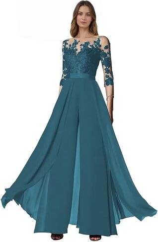 Mother of The Bride Jumpsuit Lace Appliques Chiffon Formal Wedding Guest Mother of The Groom Pantsuits KV003 in Saudi Arabia