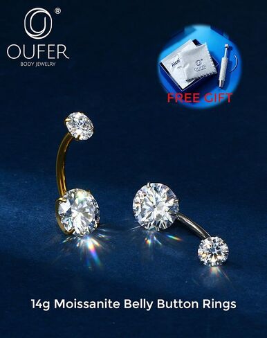 OUFER 14G G23 التيتانيوم مويسانيتي حلقة زر البطن مترابطة داخليًا مع مجموعة العناية للشفاء، D اللون VVS1 أحجار مقطوعة رائعة، فضي/18 قيراط مطلية بالذهب مجوهرات ثقب السرة مضادة للحساسية للنساء والرجال in Kuwait
