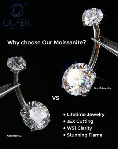 OUFER 14G G23 التيتانيوم مويسانيتي حلقة زر البطن مترابطة داخليًا مع مجموعة العناية للشفاء، D اللون VVS1 أحجار مقطوعة رائعة، فضي/18 قيراط مطلية بالذهب مجوهرات ثقب السرة مضادة للحساسية للنساء والرجال in Kuwait