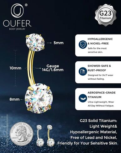 OUFER 14G G23 التيتانيوم مويسانيتي حلقة زر البطن مترابطة داخليًا مع مجموعة العناية للشفاء، D اللون VVS1 أحجار مقطوعة رائعة، فضي/18 قيراط مطلية بالذهب مجوهرات ثقب السرة مضادة للحساسية للنساء والرجال in Kuwait