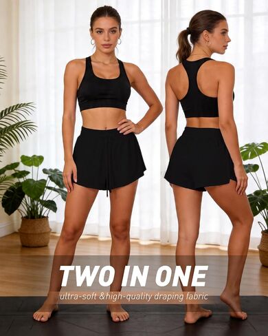 Womens Athletic Shorts High Waisted 2 in 1 Flowy Workout Skorts with Liner Pockets for Running Tennis Yoga Gym in Kuwait