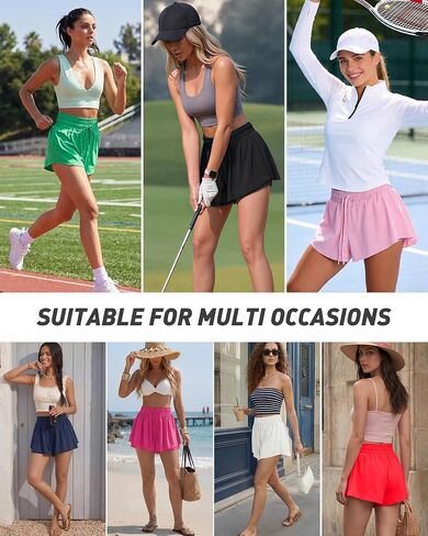 Womens Athletic Shorts High Waisted 2 in 1 Flowy Workout Skorts with Liner Pockets for Running Tennis Yoga Gym in Kuwait