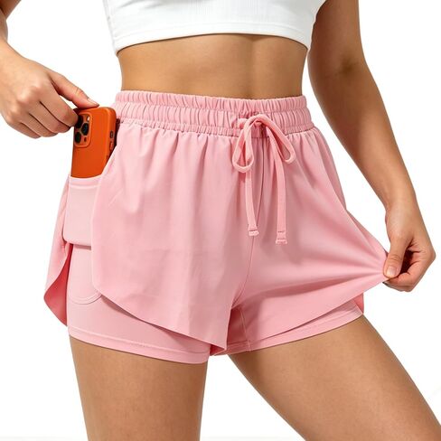 Womens Athletic Shorts High Waisted 2 in 1 Flowy Workout Skorts with Liner Pockets for Running Tennis Yoga Gym in Kuwait