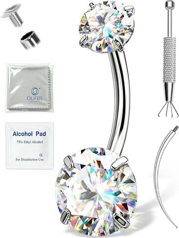 OUFER 14G G23 التيتانيوم مويسانيتي حلقة زر البطن مترابطة داخليًا مع مجموعة العناية للشفاء، D اللون VVS1 أحجار مقطوعة رائعة، فضي/18 قيراط مطلية بالذهب مجوهرات ثقب السرة مضادة للحساسية للنساء والرجال in Kuwait
