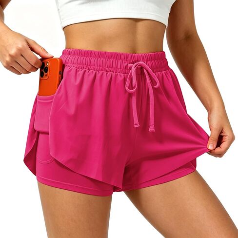 Womens Athletic Shorts High Waisted 2 in 1 Flowy Workout Skorts with Liner Pockets for Running Tennis Yoga Gym in Kuwait