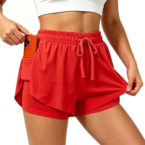 Womens Athletic Shorts High Waisted 2 in 1 Flowy Workout Skorts with Liner Pockets for Running Tennis Yoga Gym in Kuwait