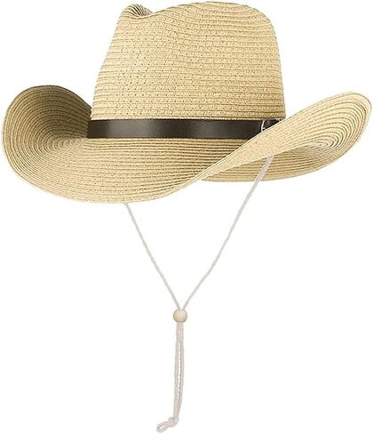 Men Straw Cowboy Panama Hat Women Foldable Classic Cowgirl Sun Hat Shapeable Wide Brim Beach Fedora Cap with Chin Strap in Kuwait