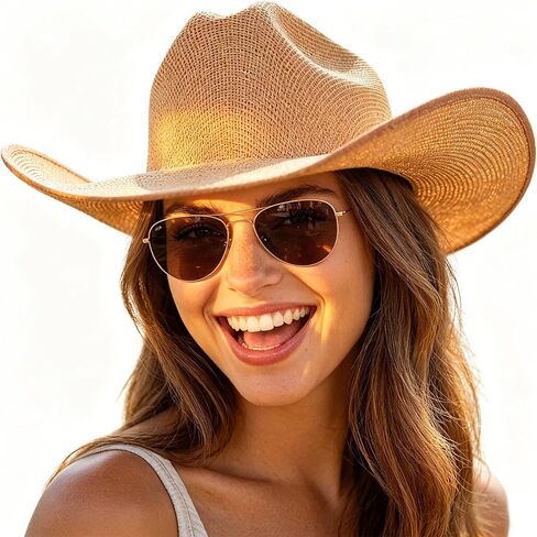 SeptCity Straw Cowboy Hat for Women, Western Cowgirl Hat for Beach, Summer Breathable Coastal Country Hats for Music Festivals Western Cowboy Costume Accessories for Halloween Natural in Saudi Arabia