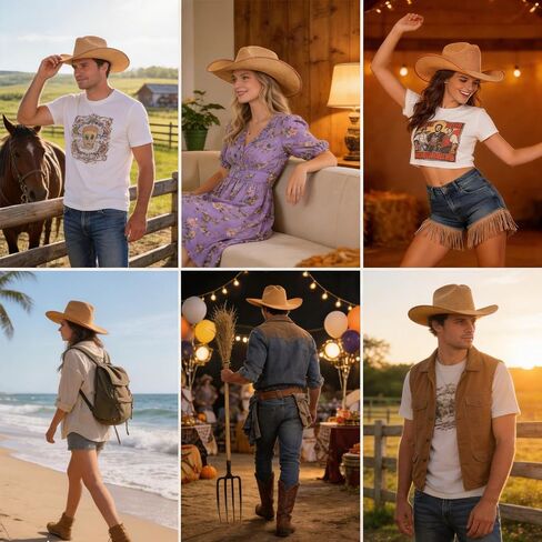 SeptCity Straw Cowboy Hat for Women, Western Cowgirl Hat for Beach, Summer Breathable Coastal Country Hats for Music Festivals Western Cowboy Costume Accessories for Halloween Natural in Saudi Arabia