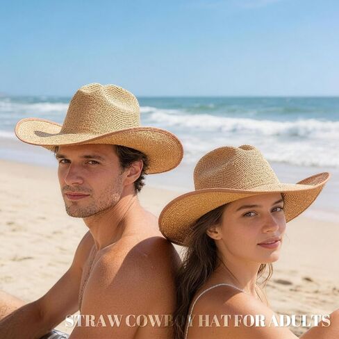 SeptCity Straw Cowboy Hat for Women, Western Cowgirl Hat for Beach, Summer Breathable Coastal Country Hats for Music Festivals Western Cowboy Costume Accessories for Halloween Natural in Saudi Arabia