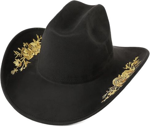 Felt Hats for Cowboys and Cowgirl Unisex Classic Rolled up Caps Yellow Embroidery with Chin Strap in Saudi Arabia