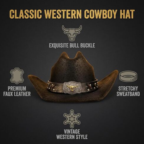 Cowboy Hat for Men Women – Microfiber Faux Leather Western Hat, Medium Size (21.5-22.5 Inch Head Circumference) in Saudi Arabia