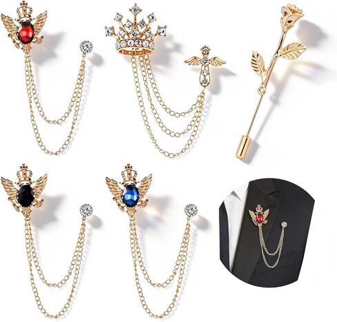 5PCS Men's Brooch Suit Pin Crystal Rhinestone Crown Hanging Chain Tassel Brooch with Stone Detailing Rose Floral Lapel Pins Stick Suit Tuxedo Accessory for Men in Saudi Arabia