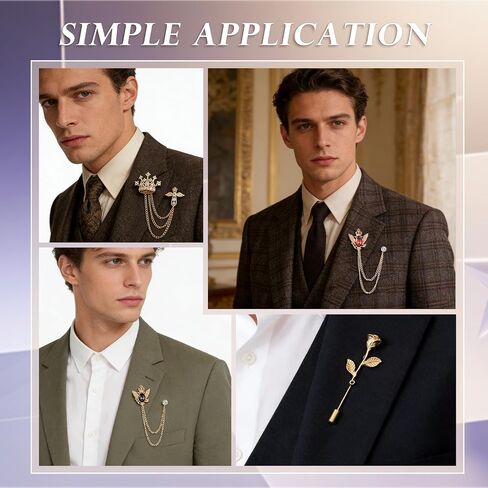 5PCS Men's Brooch Suit Pin Crystal Rhinestone Crown Hanging Chain Tassel Brooch with Stone Detailing Rose Floral Lapel Pins Stick Suit Tuxedo Accessory for Men in Saudi Arabia