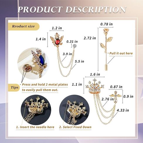 5PCS Men's Brooch Suit Pin Crystal Rhinestone Crown Hanging Chain Tassel Brooch with Stone Detailing Rose Floral Lapel Pins Stick Suit Tuxedo Accessory for Men in Saudi Arabia