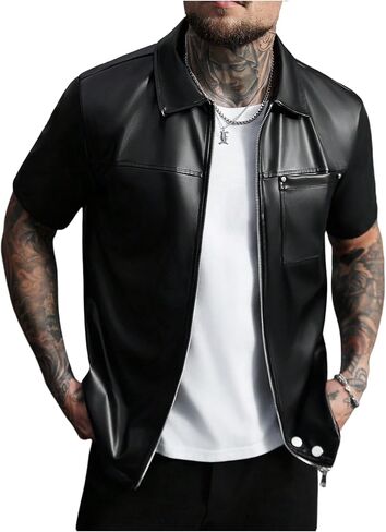 WDIRARA Men's Faux Leather Zip Up Shirts Short Sleeve Collared Tops Streetwear in Kuwait