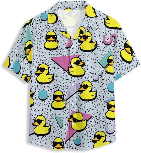 80S 90S Duck Men's Hawaiian Shirt Short Sleeve Floral Button Down Shirts Tropical Holiday Beach Shirts in Saudi Arabia