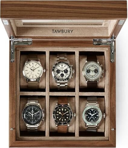 TAWBURY Wooden Watch Case - 6 Slot Wood Watch Box for Men & Women with Glass Display, Protective Fully Lined Interior and 2-inch Wide Pillows for Small & Large Watches (Classic Walnut) in Kuwait