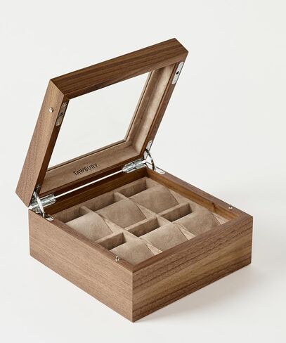 TAWBURY Wooden Watch Case - 6 Slot Wood Watch Box for Men & Women with Glass Display, Protective Fully Lined Interior and 2-inch Wide Pillows for Small & Large Watches (Classic Walnut) in Kuwait