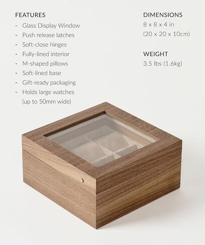 TAWBURY Wooden Watch Case - 6 Slot Wood Watch Box for Men & Women with Glass Display, Protective Fully Lined Interior and 2-inch Wide Pillows for Small & Large Watches (Classic Walnut) in Kuwait