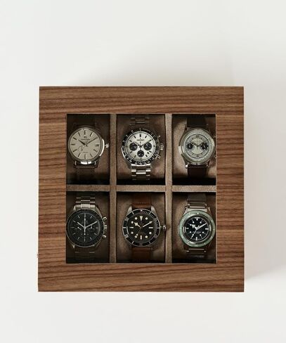 TAWBURY Wooden Watch Case - 6 Slot Wood Watch Box for Men & Women with Glass Display, Protective Fully Lined Interior and 2-inch Wide Pillows for Small & Large Watches (Classic Walnut) in Kuwait