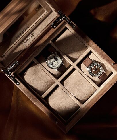 TAWBURY Wooden Watch Case - 6 Slot Wood Watch Box for Men & Women with Glass Display, Protective Fully Lined Interior and 2-inch Wide Pillows for Small & Large Watches (Classic Walnut) in Kuwait