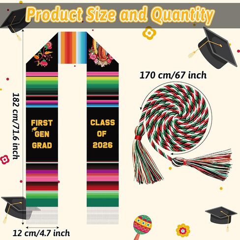 WATINC First Generation Graduation Stole - 2PCS Class of 2026 Mexican Sarape Stole Sash with Honor Cord for Hispanic, Mexico Grad Estolas Para Graduación Authentic Scarf for Ceremony Gift Supplies in Kuwait