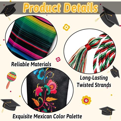 WATINC First Generation Graduation Stole - 2PCS Class of 2026 Mexican Sarape Stole Sash with Honor Cord for Hispanic, Mexico Grad Estolas Para Graduación Authentic Scarf for Ceremony Gift Supplies in Kuwait