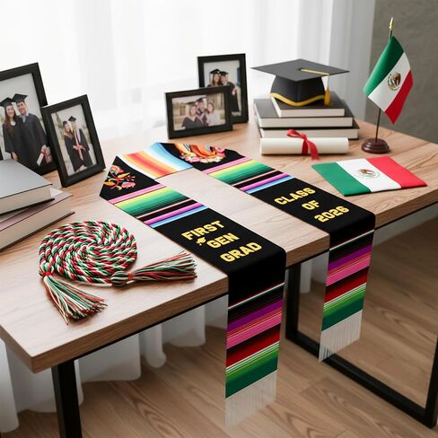 WATINC First Generation Graduation Stole - 2PCS Class of 2026 Mexican Sarape Stole Sash with Honor Cord for Hispanic, Mexico Grad Estolas Para Graduación Authentic Scarf for Ceremony Gift Supplies in Kuwait