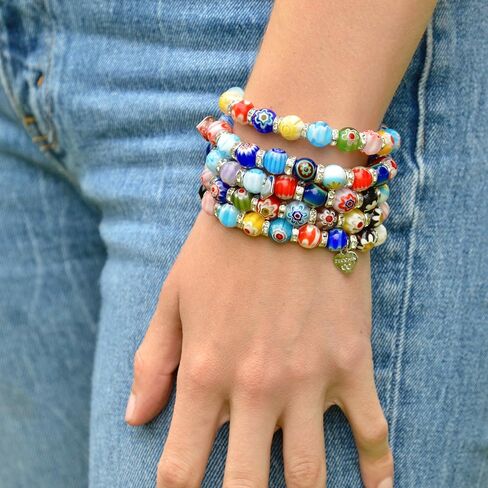 MY ITALIAN DÉCOR - Murano Glass Millefiori Bead Bracelet SET OF 3 | Beaded Bracelet with Elastic | Handmade for Woman | Made In Italy in Saudi Arabia