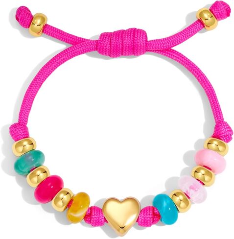 Colorful Beaded Heart Charm Bracelet for Women Adjustable Pink Cord Friendship Bracelet with Gold Plated Heart & Multicolor Resin Beads Trendy Summer Statement Jewelry in Saudi Arabia