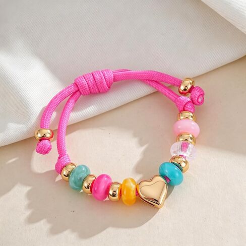 Colorful Beaded Heart Charm Bracelet for Women Adjustable Pink Cord Friendship Bracelet with Gold Plated Heart & Multicolor Resin Beads Trendy Summer Statement Jewelry in Saudi Arabia