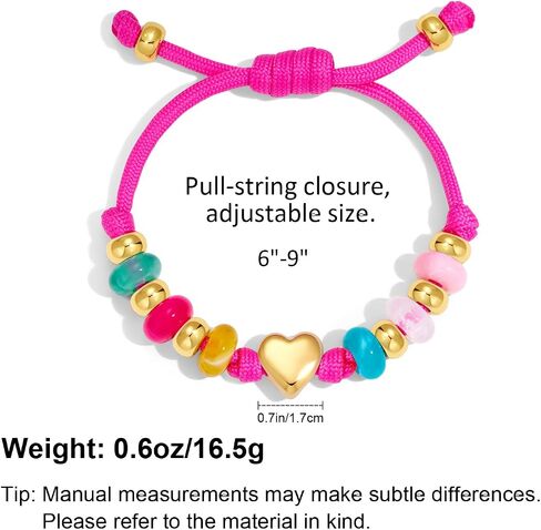 Colorful Beaded Heart Charm Bracelet for Women Adjustable Pink Cord Friendship Bracelet with Gold Plated Heart & Multicolor Resin Beads Trendy Summer Statement Jewelry in Saudi Arabia
