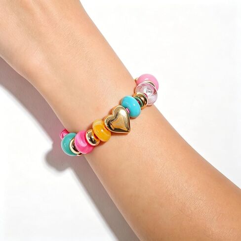 Colorful Beaded Heart Charm Bracelet for Women Adjustable Pink Cord Friendship Bracelet with Gold Plated Heart & Multicolor Resin Beads Trendy Summer Statement Jewelry in Saudi Arabia