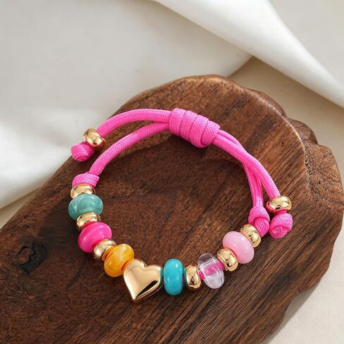 Colorful Beaded Heart Charm Bracelet for Women Adjustable Pink Cord Friendship Bracelet with Gold Plated Heart & Multicolor Resin Beads Trendy Summer Statement Jewelry in Saudi Arabia