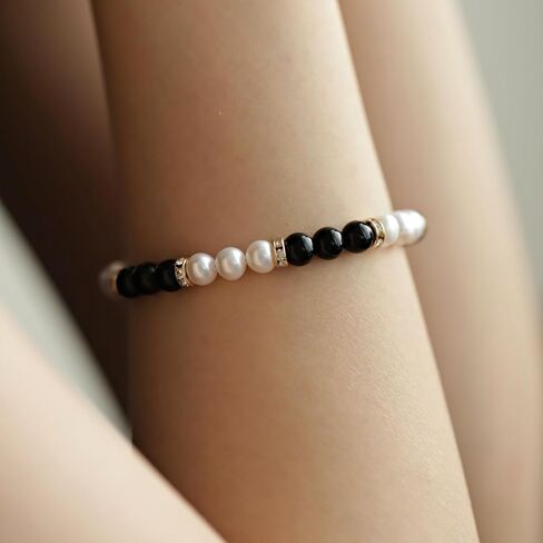 Natural White Pearl Black Obsidian 6mm Bead Adjustable Vintage Bracelet Jewelry Gift for Women in Saudi Arabia