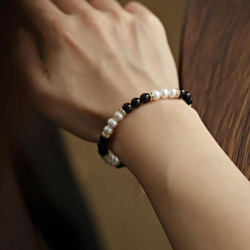 Natural White Pearl Black Obsidian 6mm Bead Adjustable Vintage Bracelet Jewelry Gift for Women in Saudi Arabia