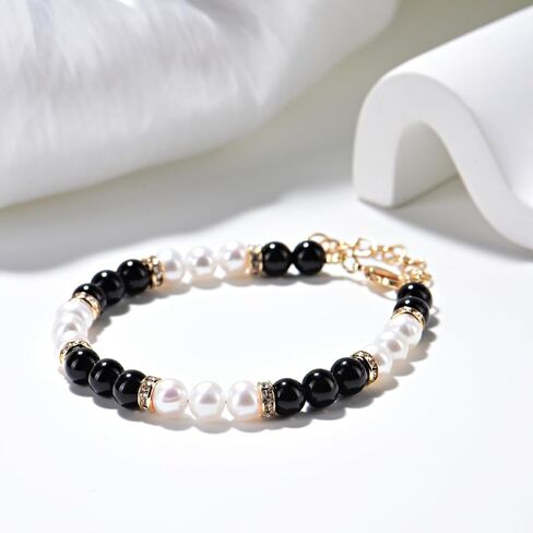 Natural White Pearl Black Obsidian 6mm Bead Adjustable Vintage Bracelet Jewelry Gift for Women in Saudi Arabia