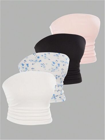 OYOANGLE Girl's 4 Pack Ruched Tube Top Floral Strapless Slim Fitted Shirt Ribbed Knit Bandeau Tops in Kuwait